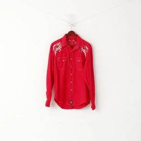 Rock 47 Men L Casual Shirt Red Cotton Embroidered Pearl Snap Long  Sleeve Top Eco friendly materials