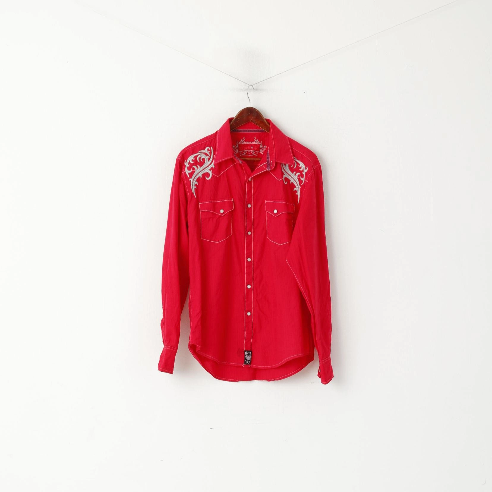 Rock 47 Men L Casual Shirt Red Cotton Embroidered Pearl Snap Long  Sleeve Top Eco friendly materials