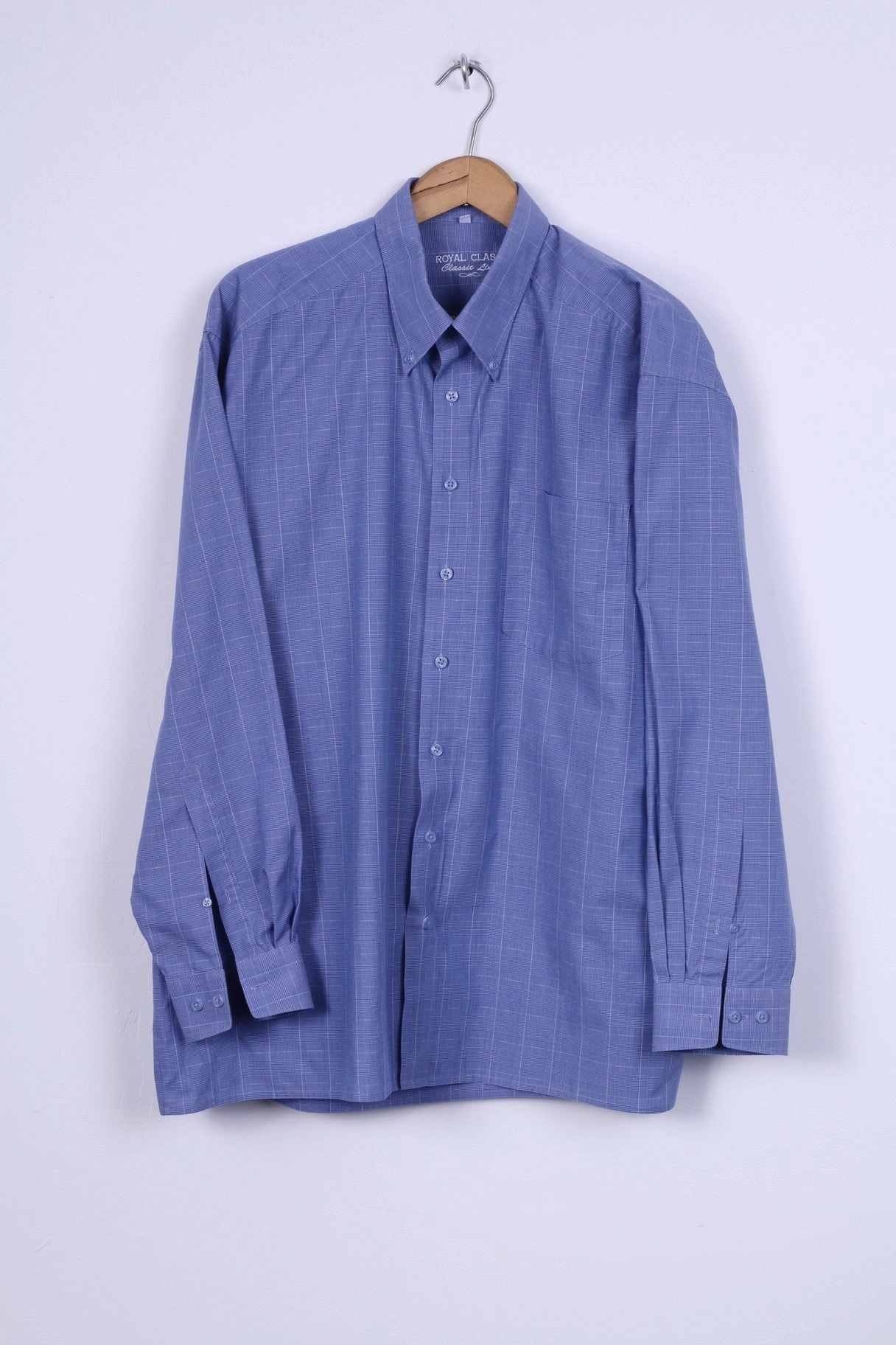 Gender Neutral Gym Appropriate Royal Class Mens 45 XXL Casual Shirt Blue Classic Line Cotton Check Long Sleeve