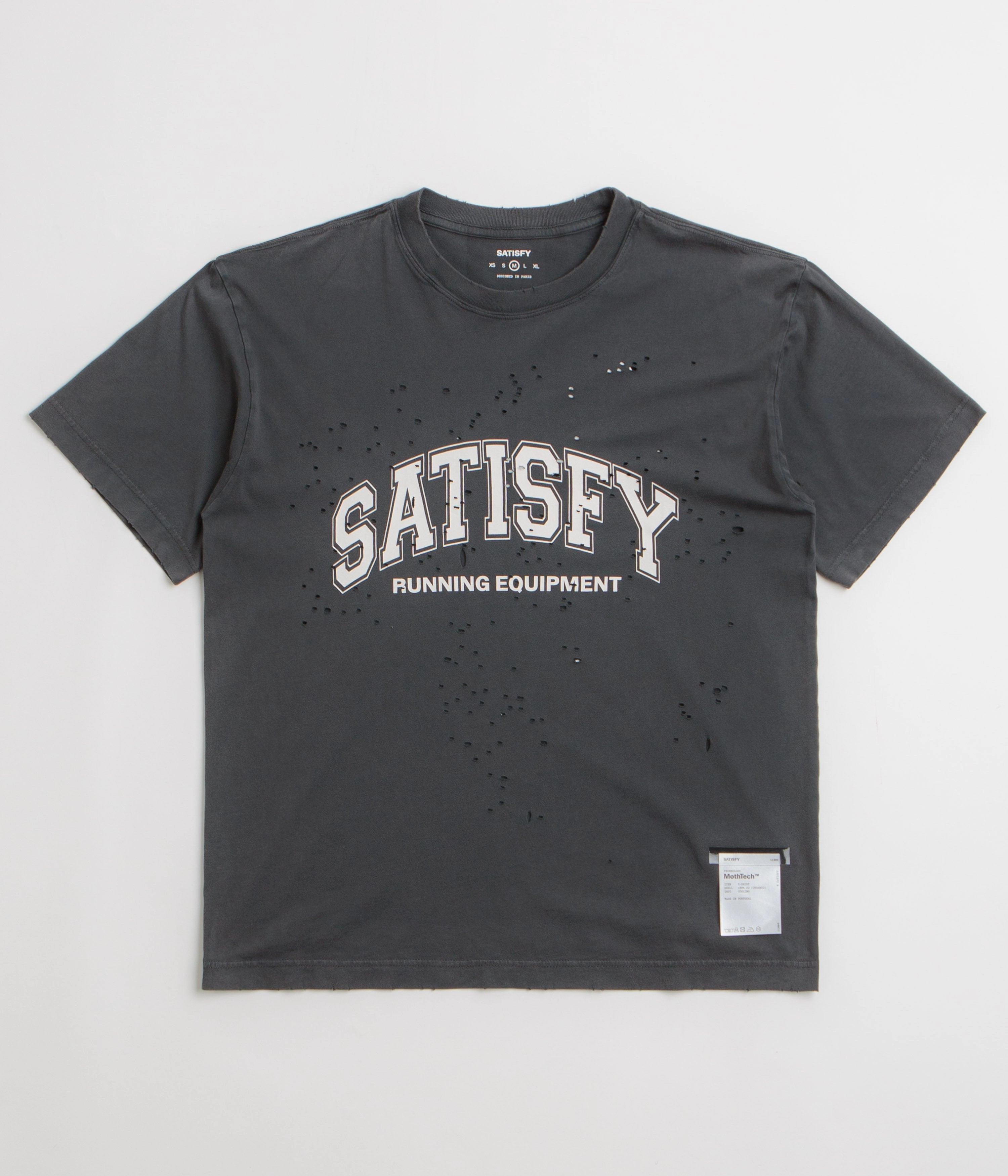 Satisfy MothTech Varsity Logo T-Shirt - Aged Black Stylish Design Active Lifestyle