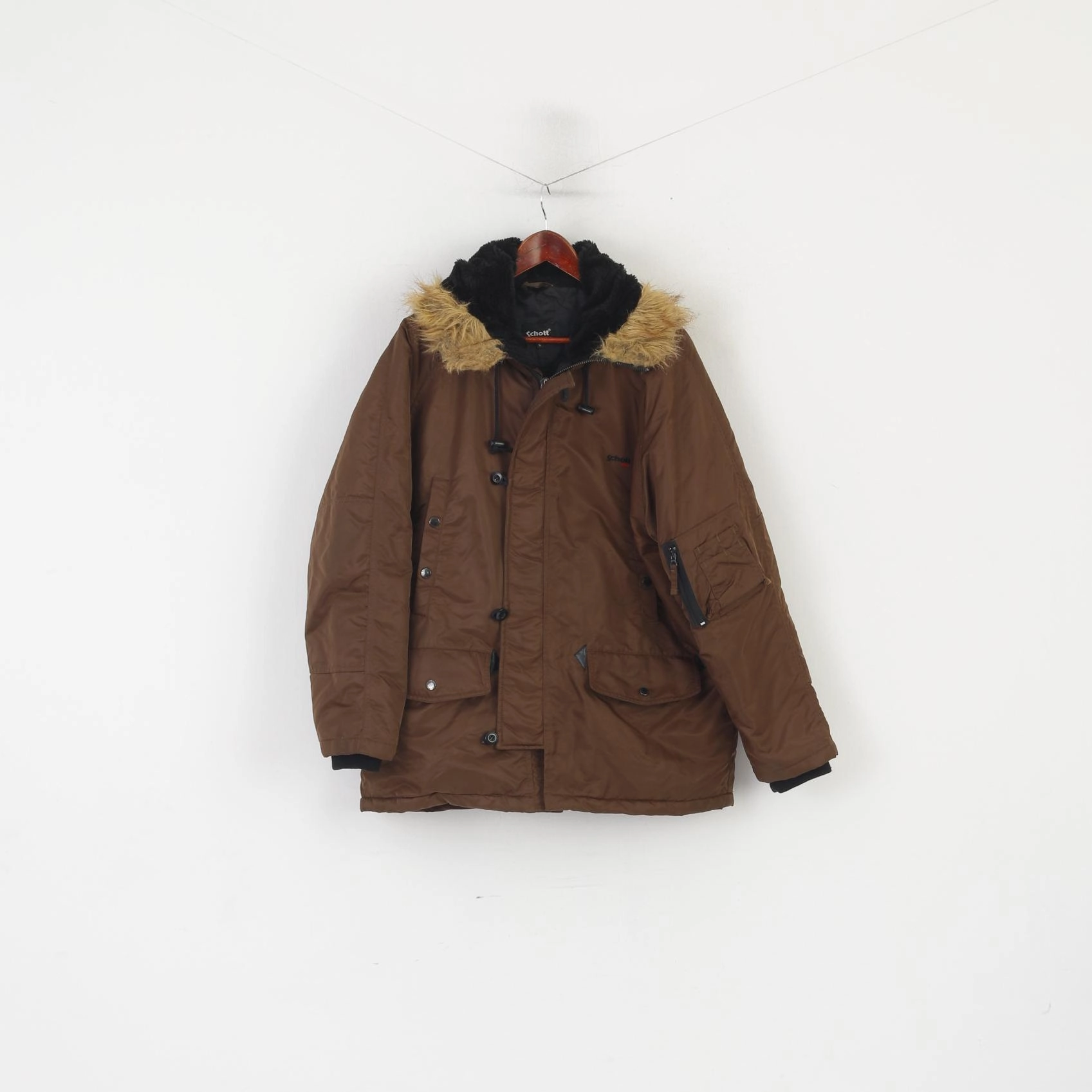 Schott Men S Bomber Jacket Brown Shiny Padded Hood Nylon Waterproof Top Weather Defense Highlighter