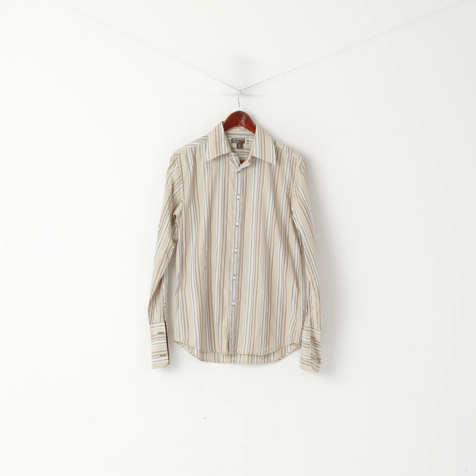 Guess Men S Casual Shirt Beige Striped Cotton Long Sleeve Cufflinks Top Wrinkle-Free Evening Elegance