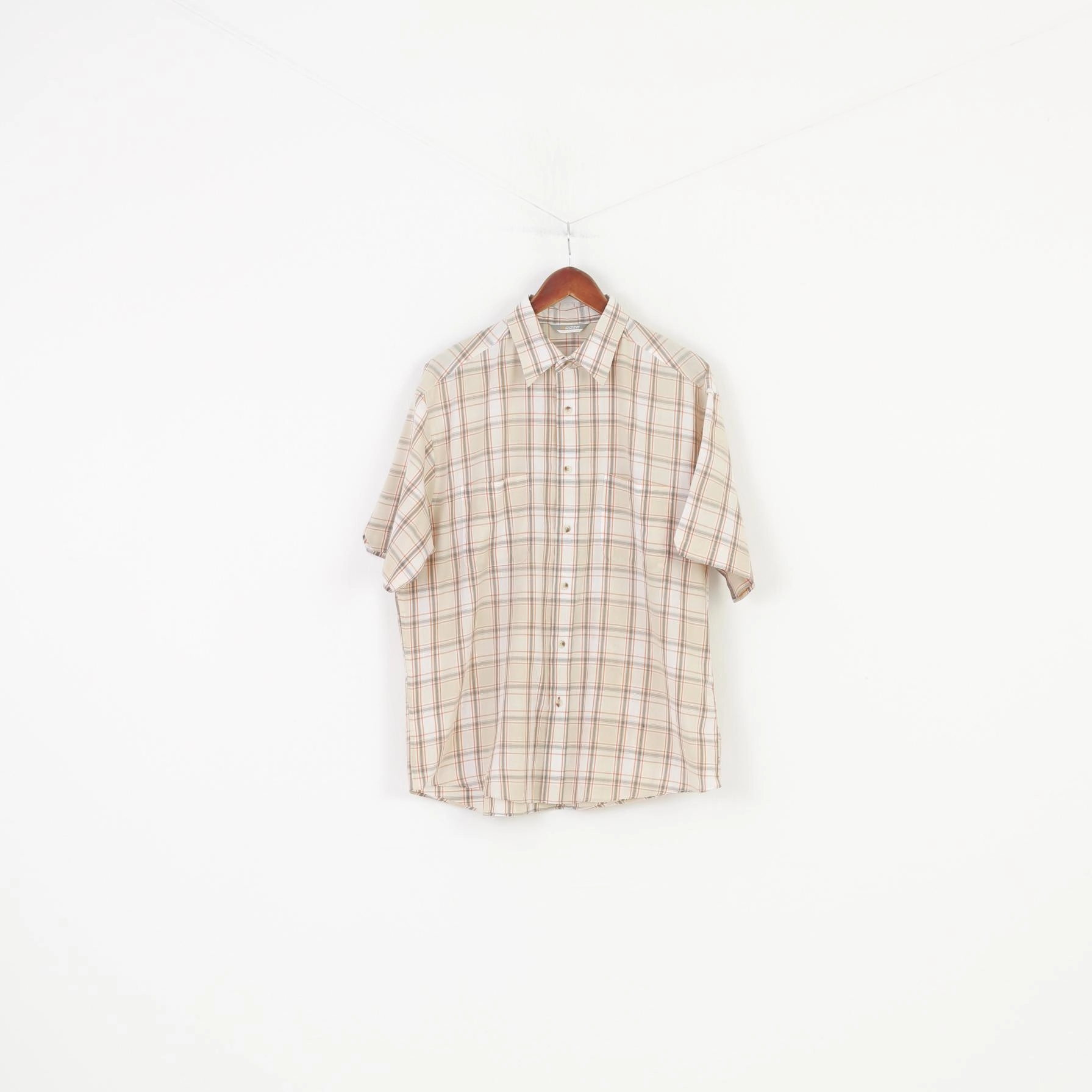 Luxurious Feel Minimalist Style Rodeo Men L Casual Shirt Checkered Cream Short Sleeve Collar Buttons Top