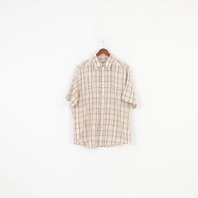 Luxurious Feel Minimalist Style Rodeo Men L Casual Shirt Checkered Cream Short Sleeve Collar Buttons Top