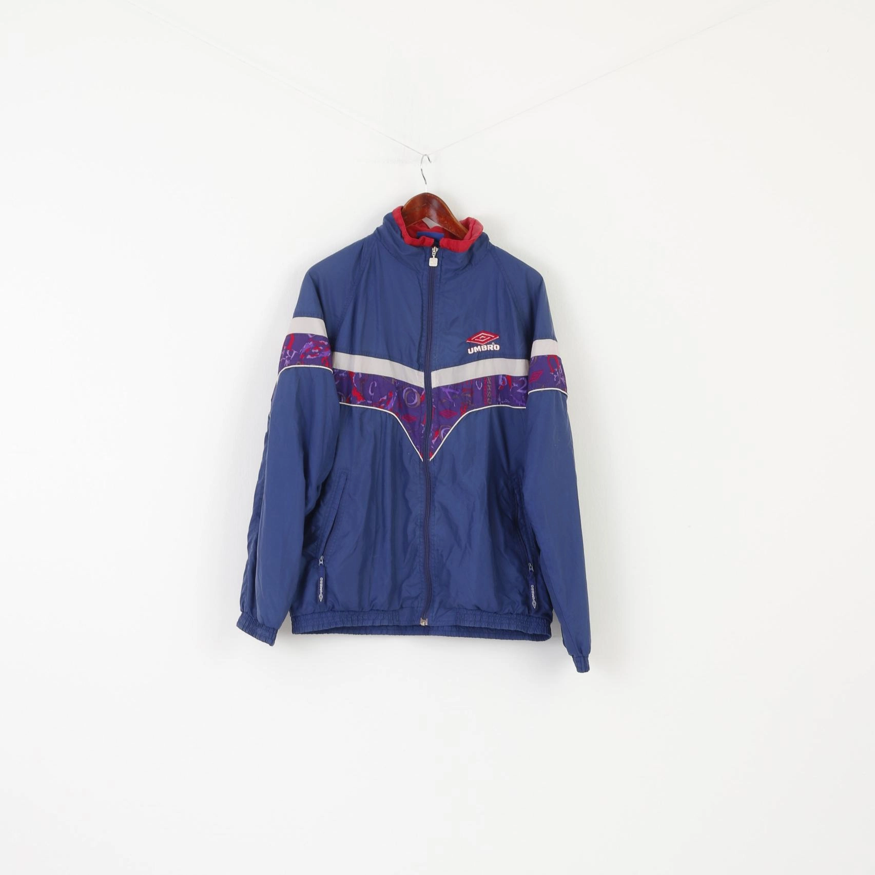 Reflective Detail Umbro Men L Jacket Blue Vintage 90s Full Zipper Bomber Sportswear Top