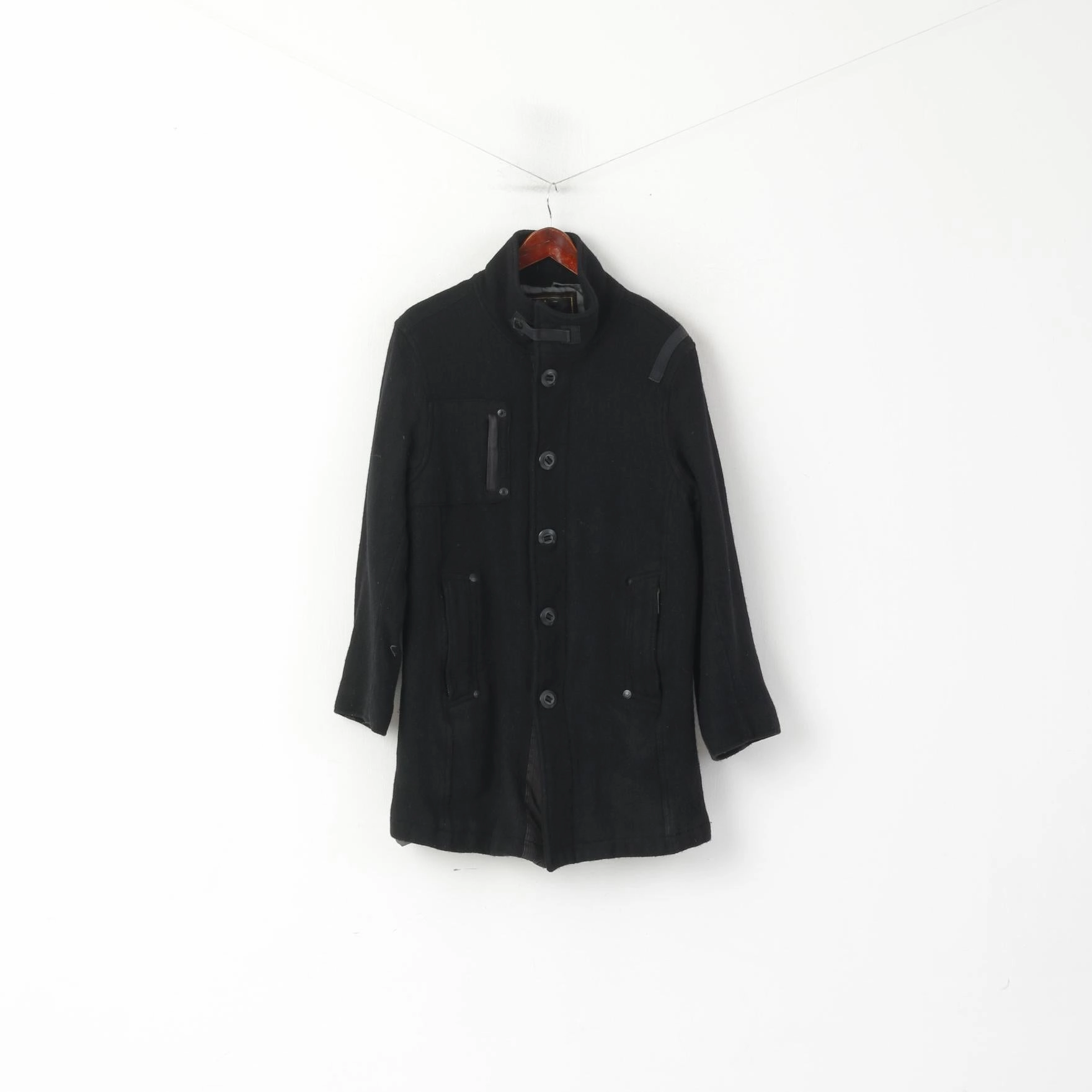 Selected Men XXL (L) Coat Black Wool Nylon Single Breasted Stand-Up Collar Rjo-jra Jacket Propose
