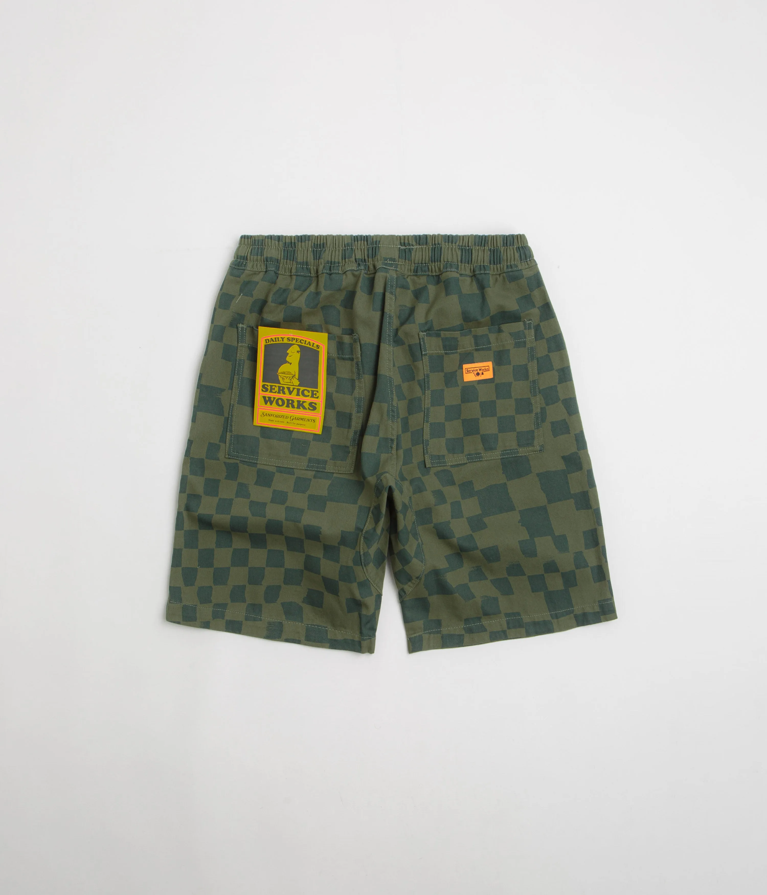 shrink-resistant Active Fit Service Works Printed Chef Shorts - Olive Checker