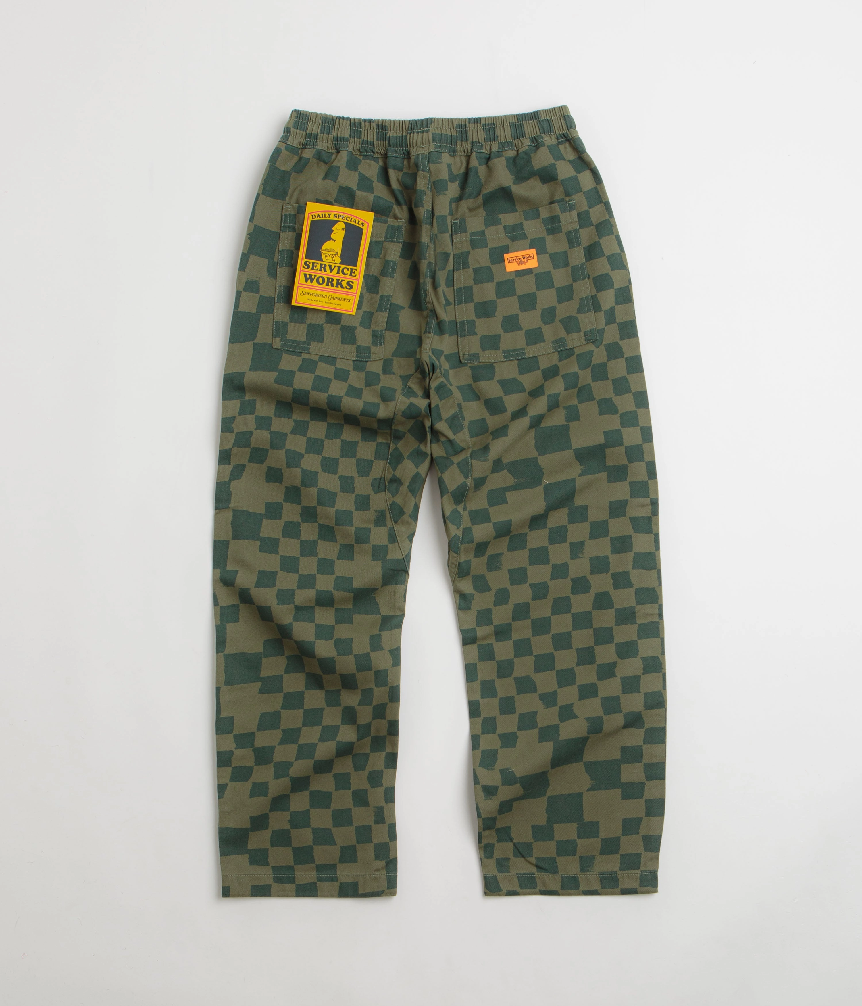 Service Works Printed Chef Pants - Olive Checker Fast Move Reinforced Stitching