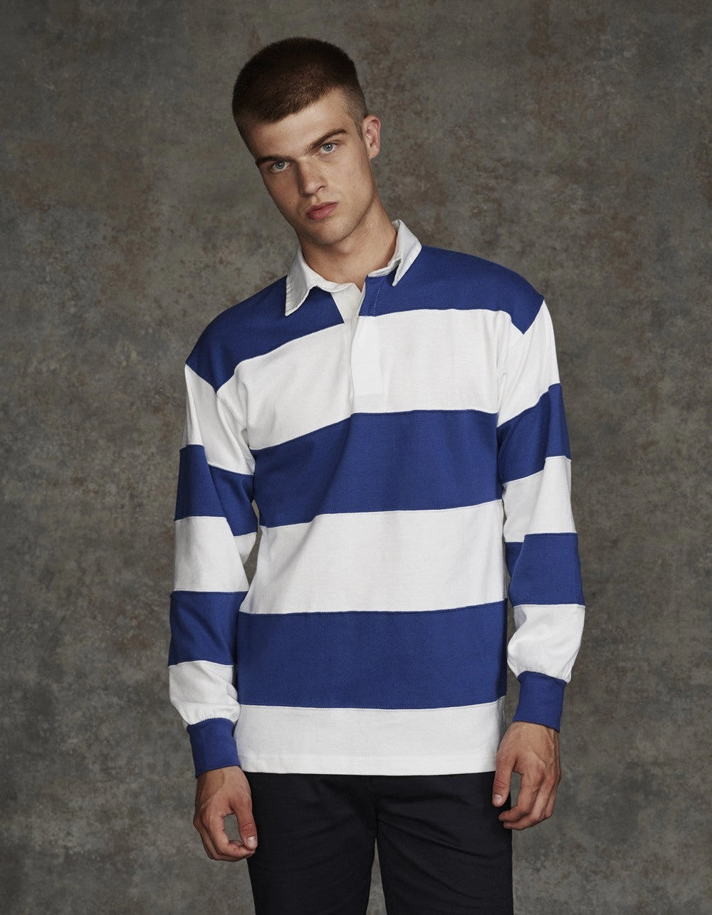 Sewn Stripe Long Sleeve Rugby Shirt | DUCK EGG/NAVY Travel Relaxed Shiny Finish