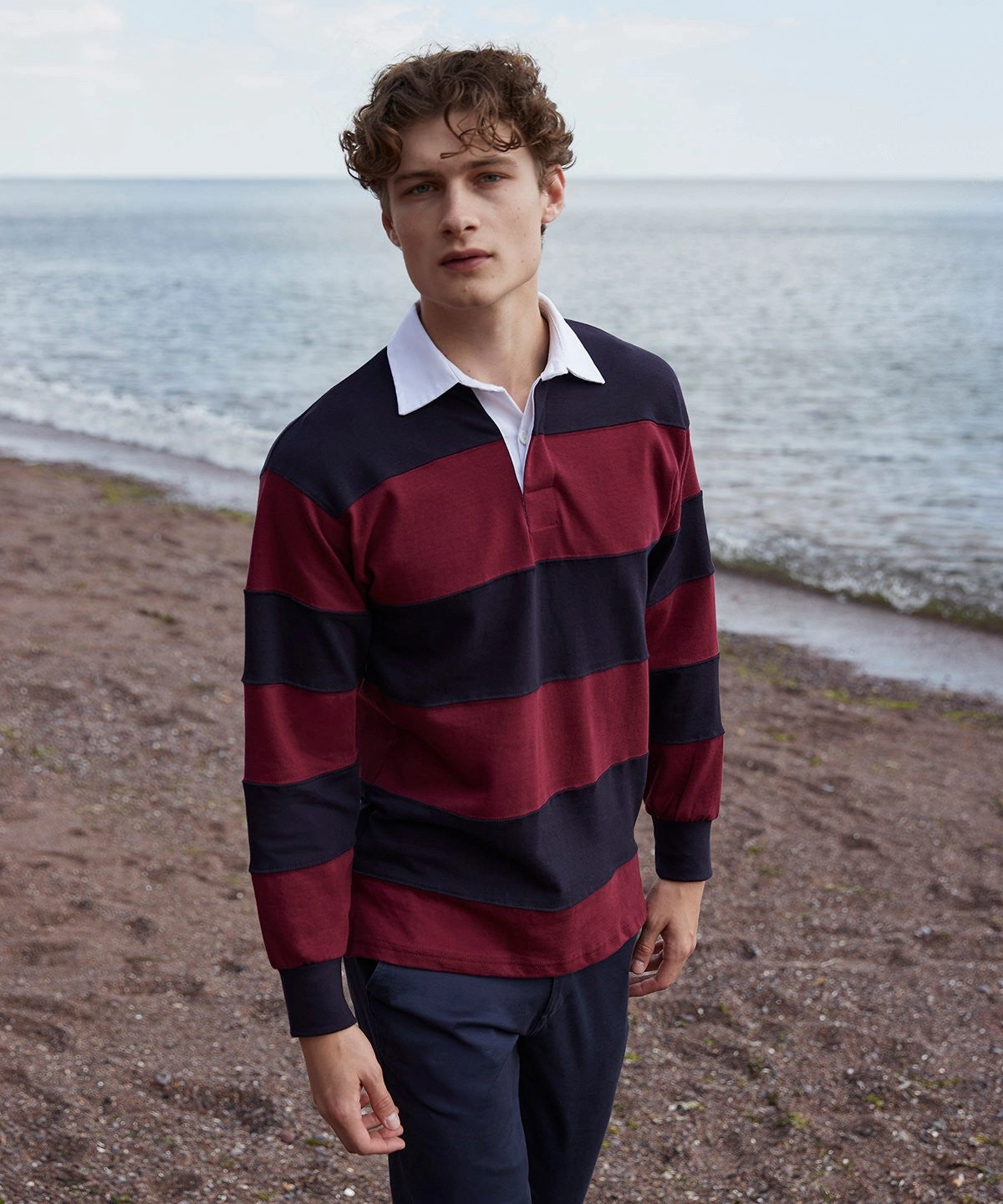 Thin product anniversary charm Sewn Stripe Long Sleeve Rugby Shirt | DUCK EGG/NAVY