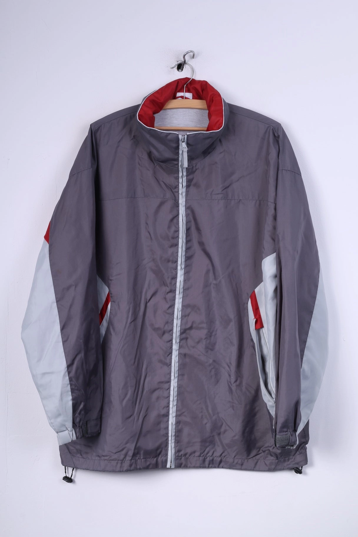 Shamp Mens M Rain Jacket Nylon Grey Lightweight Full Zipper Hidden Hood Unisex Indoor Use Water Repellent Finish