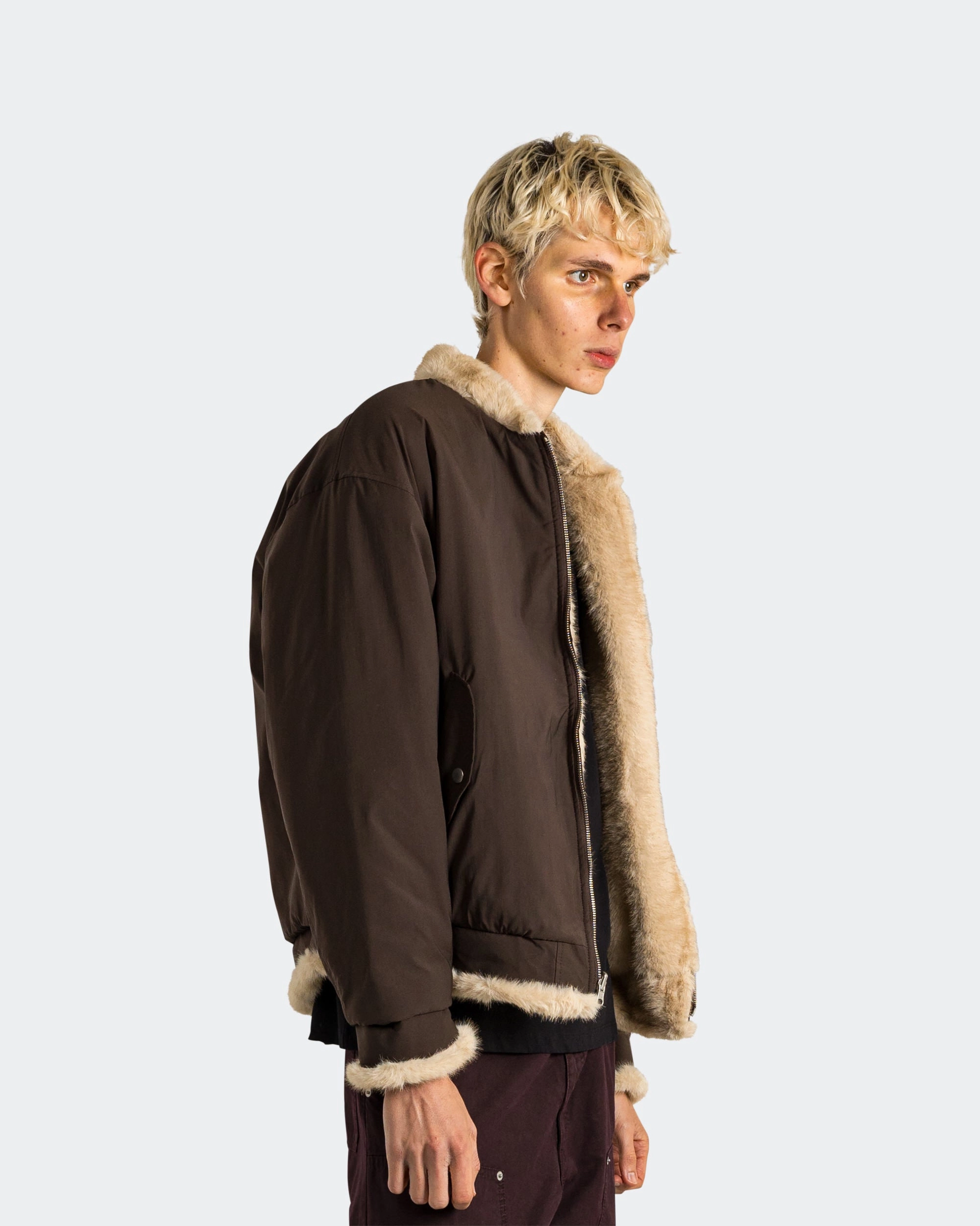 Sherpa Lined Bomber Jacket - Brown Noise Reduced Fabrics