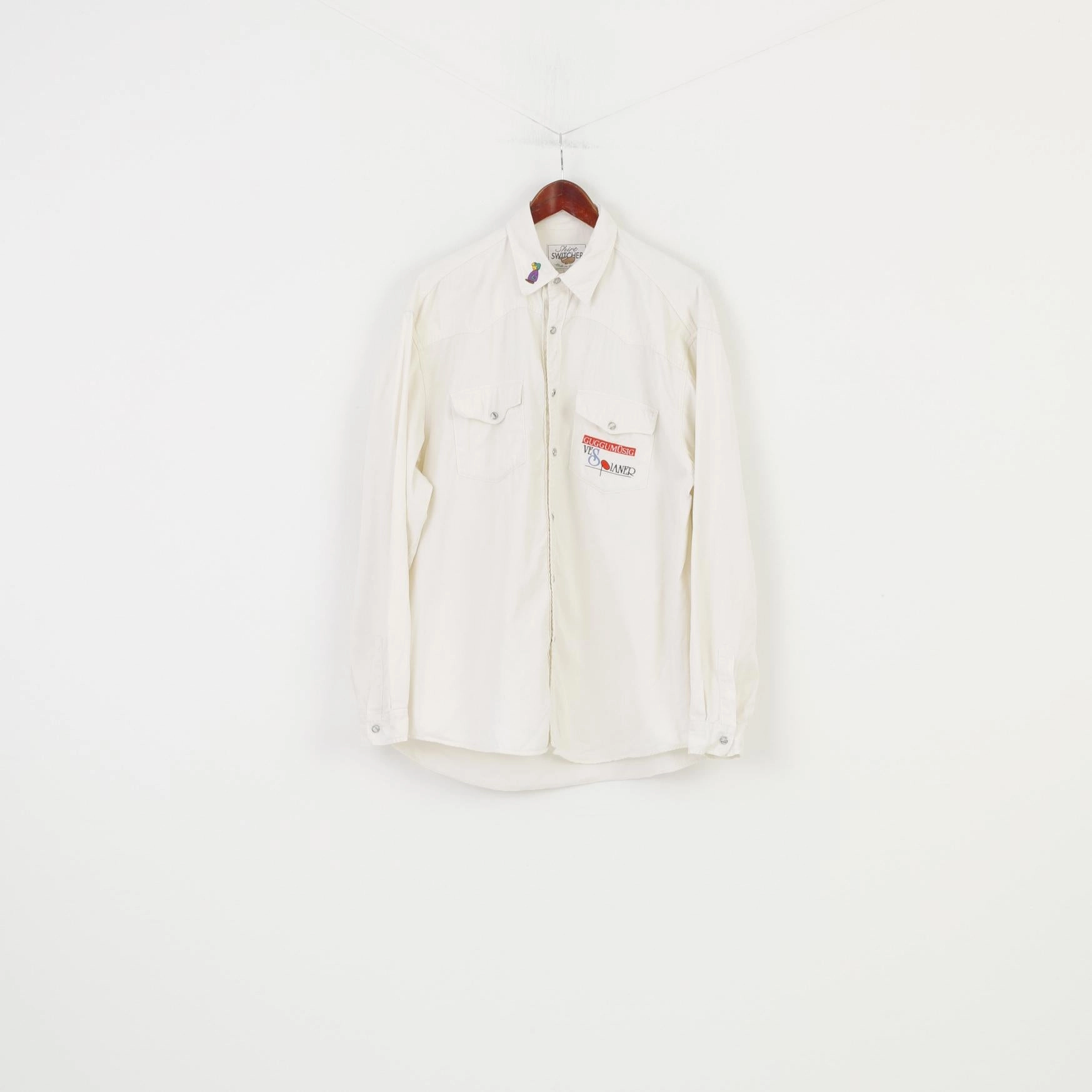 Shirt Switcher Men L Casual Shirt White Cotton Snap Buttons Long Sleeve Top Subtle Print Animal Print