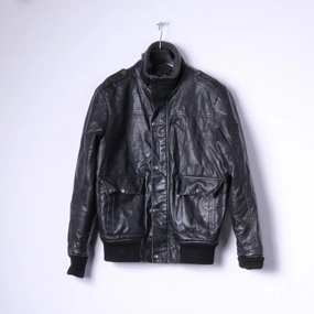Identity Mens S Bomber Jacket Black Leather Imitation Fur Lined Biker Zip Up Top cruelty - free Lightweight Fill