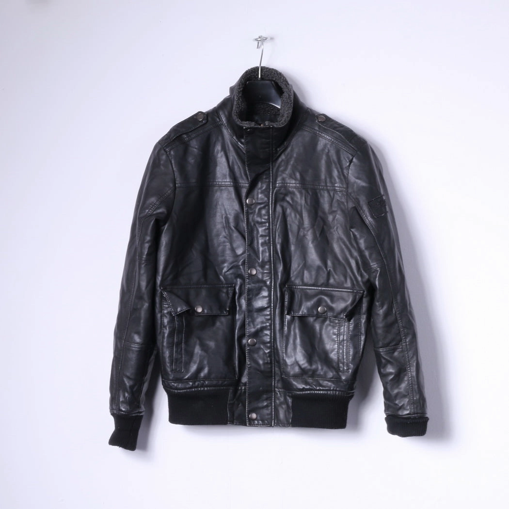 Identity Mens S Bomber Jacket Black Leather Imitation Fur Lined Biker Zip Up Top cruelty - free Lightweight Fill