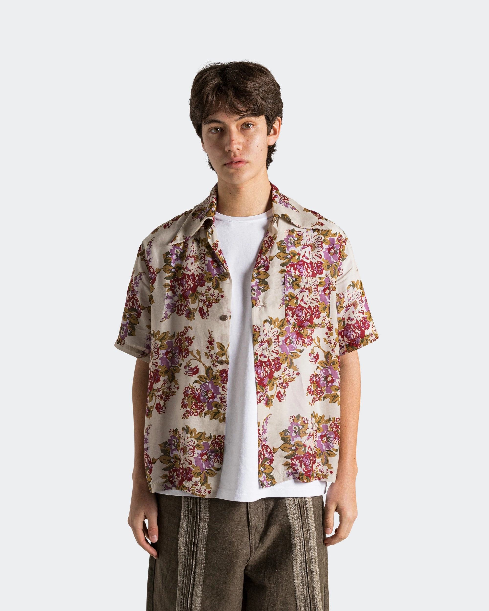 Seasonal Trend Corporate Event Silk Rayon CHAMPETRE A.MA.TE.RA.SE. WRANGLE Collar Aloha Shirt - Purple/Beige