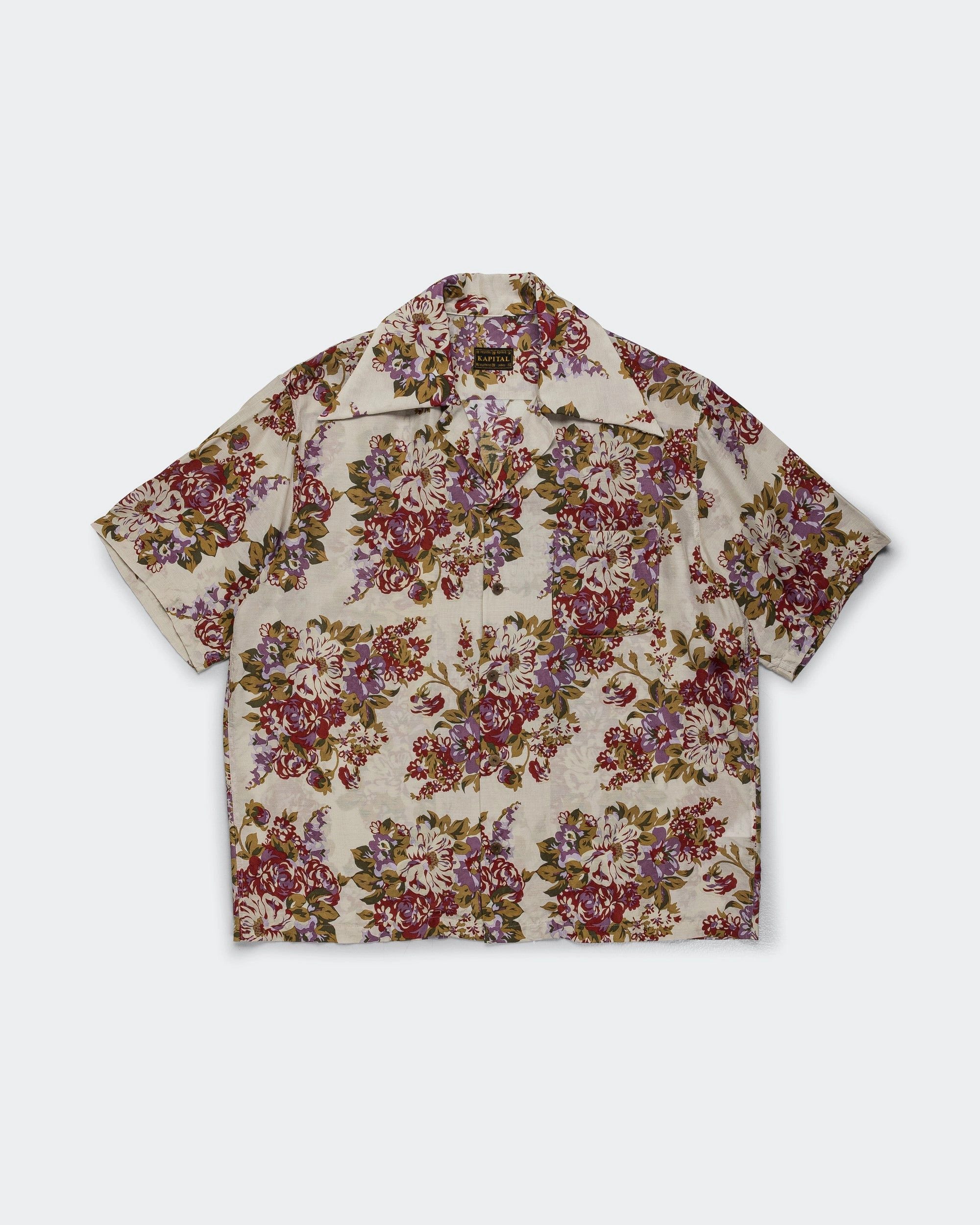 Winter Collection V-Neck Silk Rayon CHAMPETRE A.MA.TE.RA.SE. WRANGLE Collar Aloha Shirt - Purple/Beige