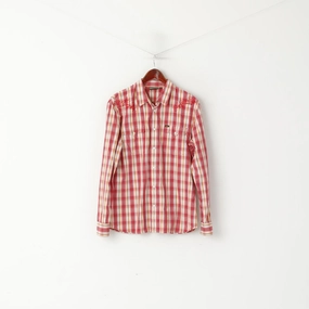 vacation wear Lee Men XL Casual Shirt Red Cotton Check Popper Buttons Long Sleeve Bull Top