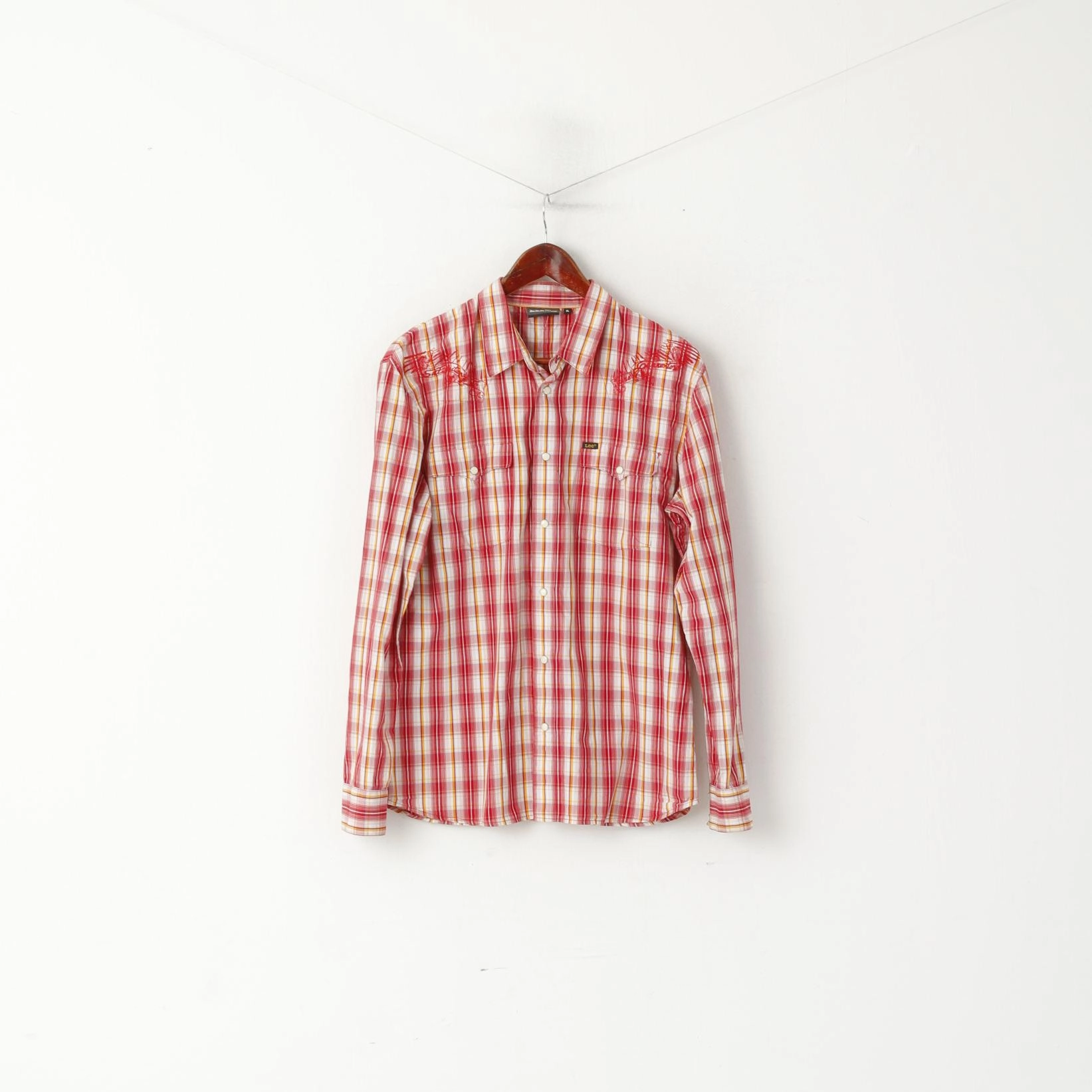 vacation wear Lee Men XL Casual Shirt Red Cotton Check Popper Buttons Long Sleeve Bull Top
