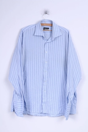 Pierre Cardin Mens 17 43 XL Casual Shirt Blue Cuffs Striped Cotton Detailed Buttons Wrinkle Resistant Finish Spring Collection