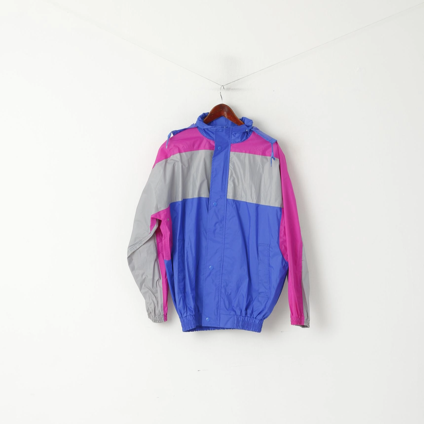 Vintage Men L Jacket Blue Nylon Hooded Lightweight Rainproof Full Zipper Top cloudy Report