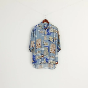 Fashion Forward Globe Trotter Men XL Casual Shirt Blue Soft Cotton Vintage Printed Pocket Top