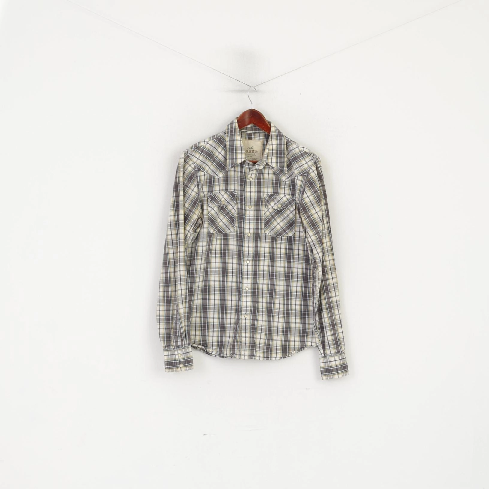 Hollister Men S Casual Shirt Brown Check Cotton Snap Button Pocket Long Sleeve Top Round Collar Abrasion resistant
