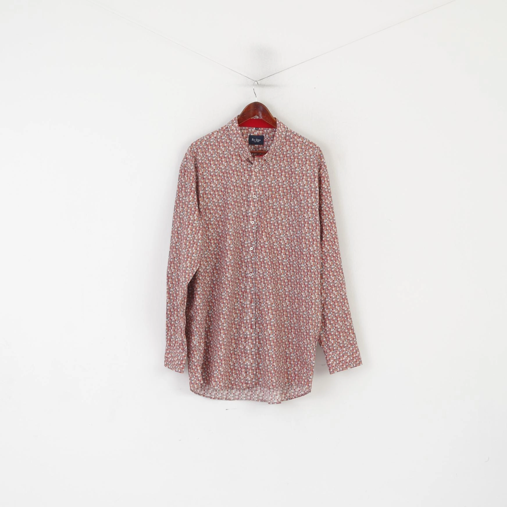 Ben Green Men 3XL Casual Shirt Red Printed Square Button Down Collar Top Versatile Piece