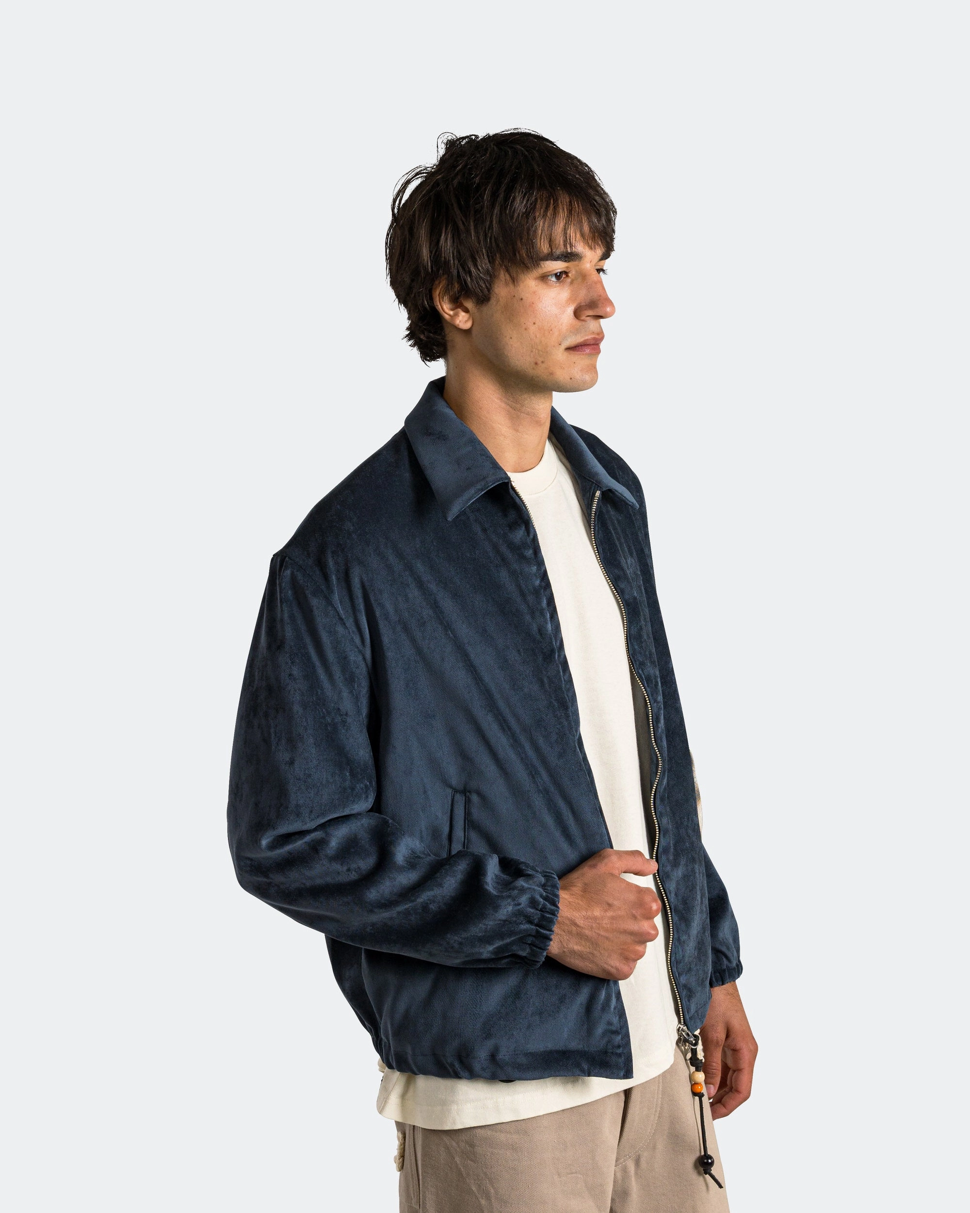 Slim Coach Jacket - Navy Soft Faux Suede Windbreaker Style