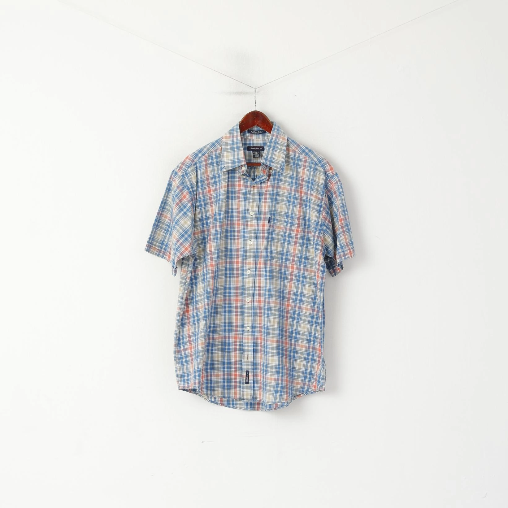 Gant Men L Casual Shirt Blue Check Key West Indigo Sport Fit Short Sleeve Top Abrasion Resistant Edging Multi Functional Pockets