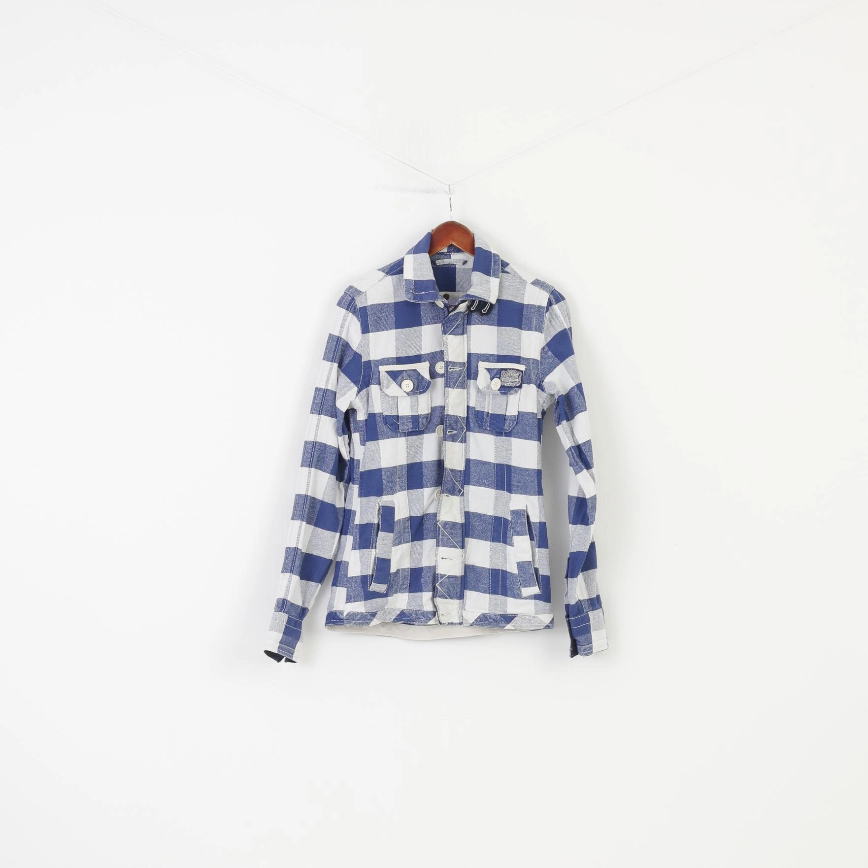 suitable for school uniforms Superdry Men S Jacket Checkered Blue White Cotton Full Zipper Bottoms Western Shirt Company Mustang