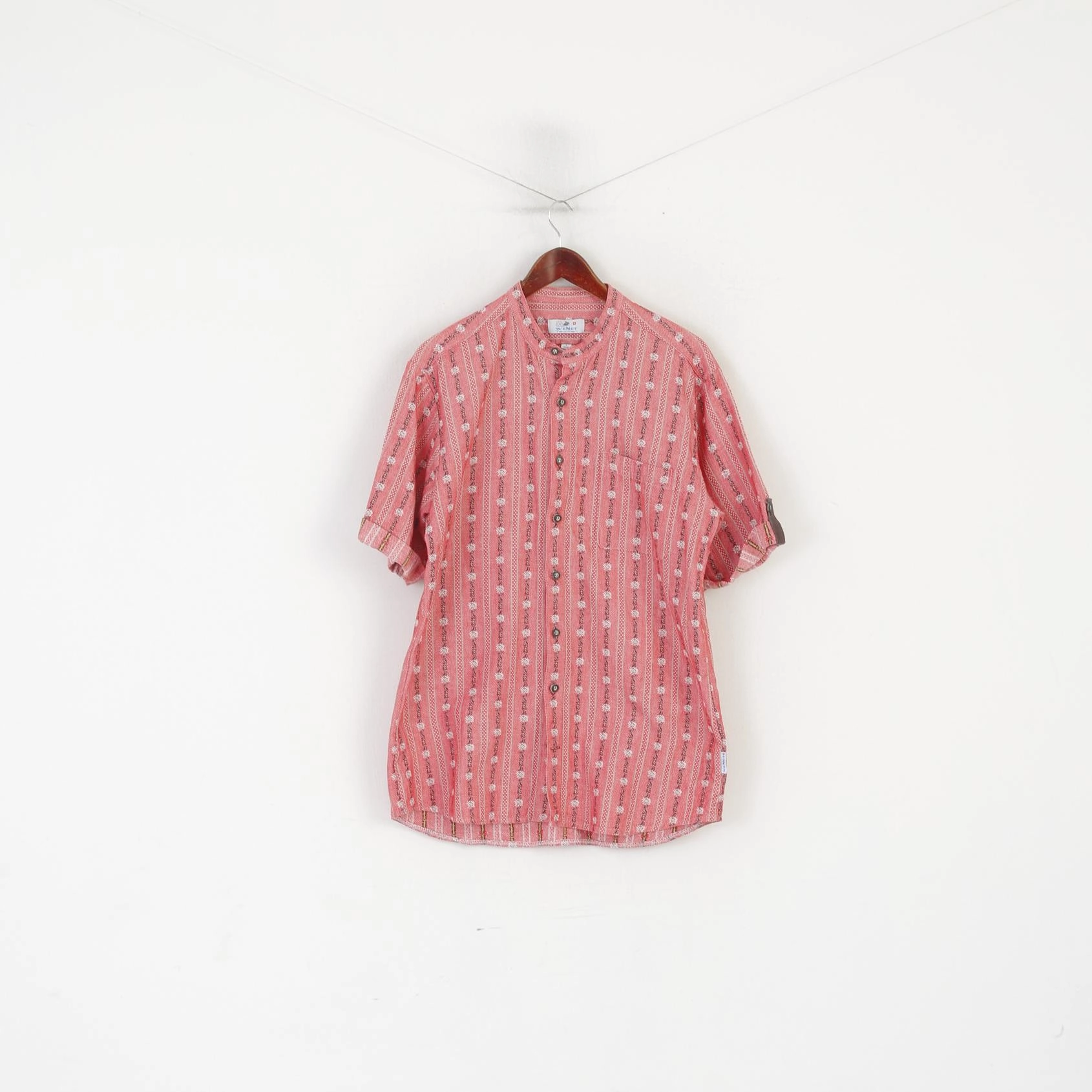 Wenet Textilien Men L Casual Shirt Pink Cotton Emroidered Floral Tyrol Trachten Top Earthy Palette