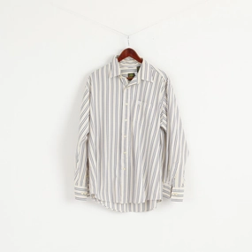 Timberland Men L Casual Shirt White Yellow Striped Cotton Organic Long Sleeve Minimalist Aesthetic