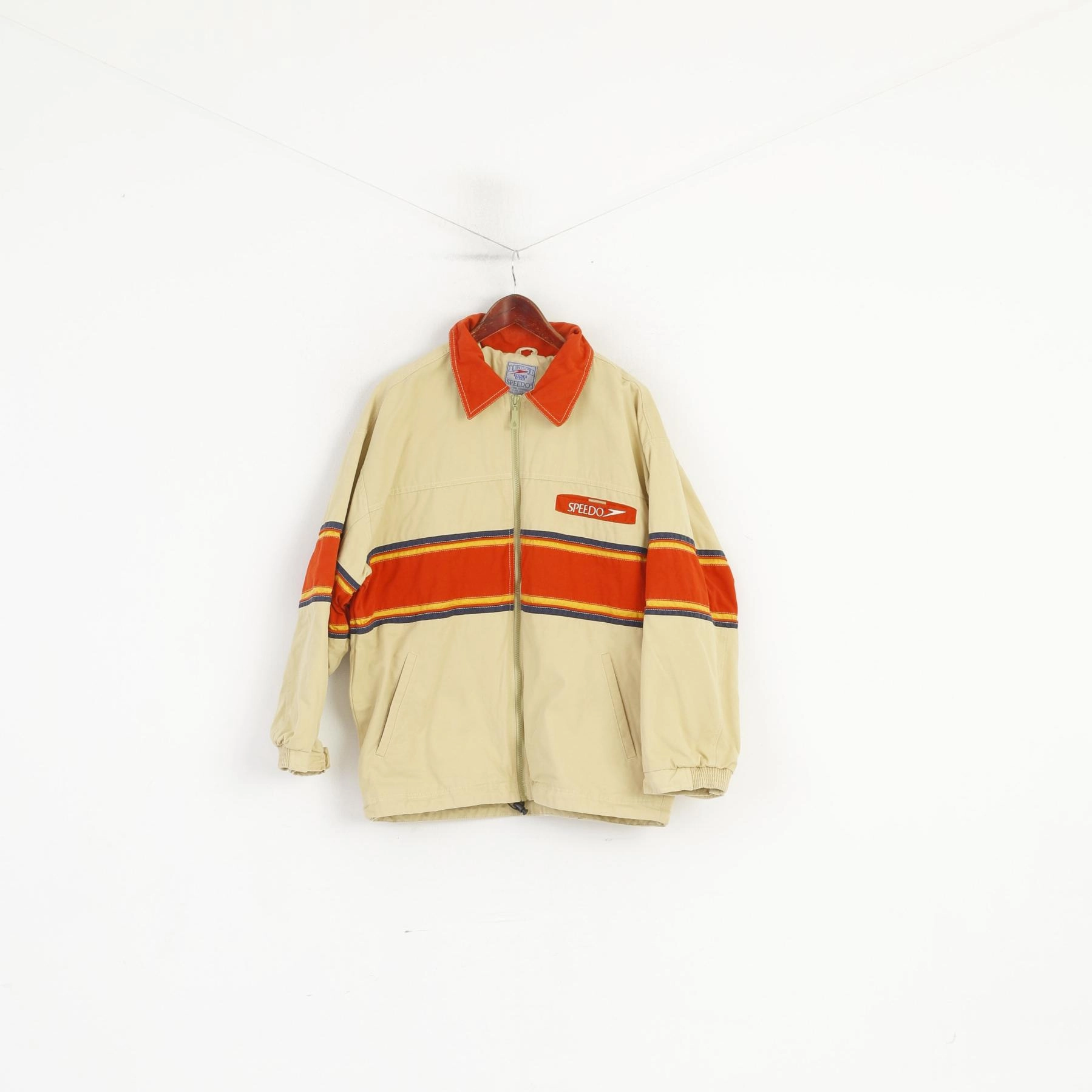 Dry Flexible Design Speedo Men L Jacket Cream Cotton Denim Vintage Bomber Full Zipper Retro Top