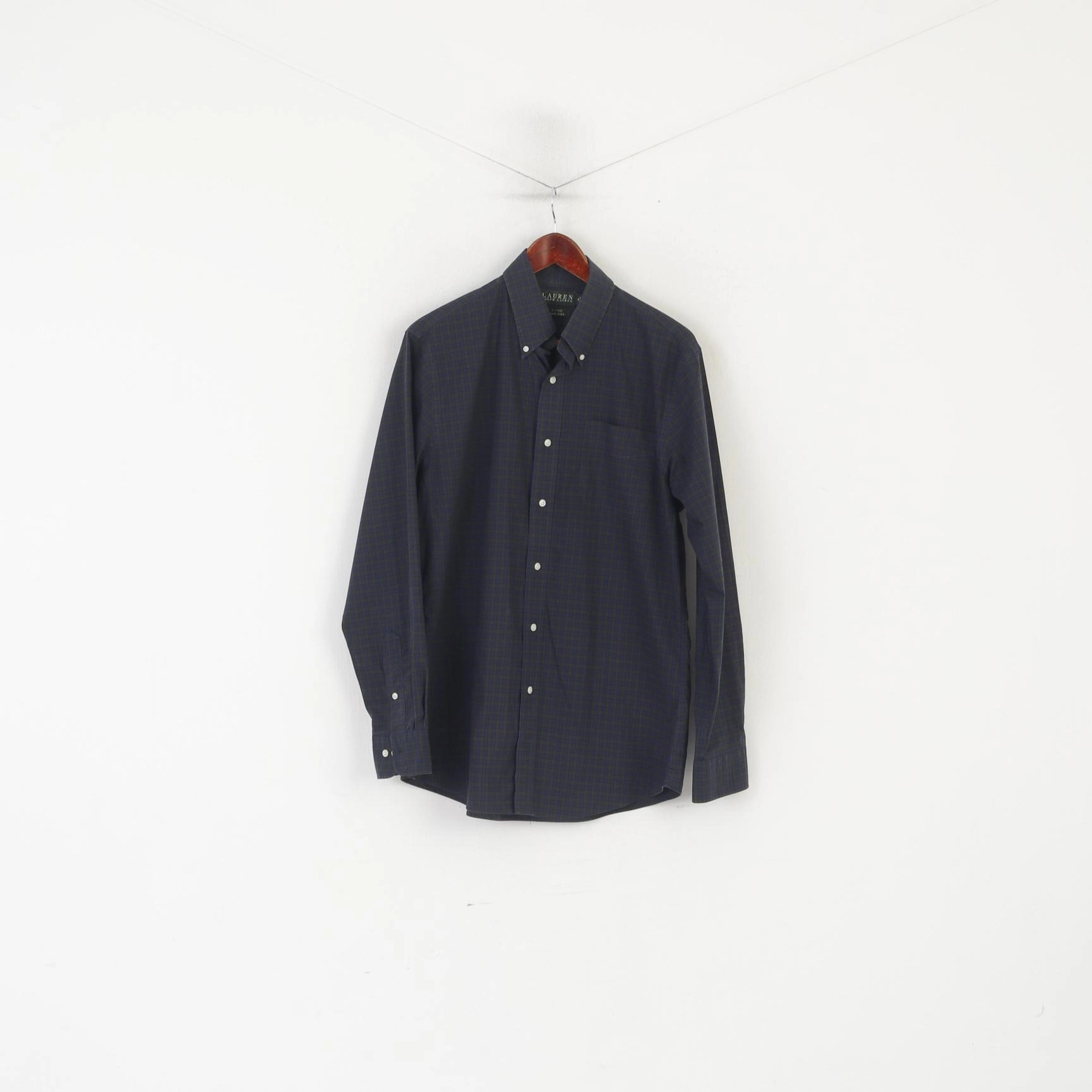 Lauren Ralph Lauren Men 40-41 16 L Casual Shirt Navy Green Check Fitted Cotton Long Sleeve Top Classic Collar