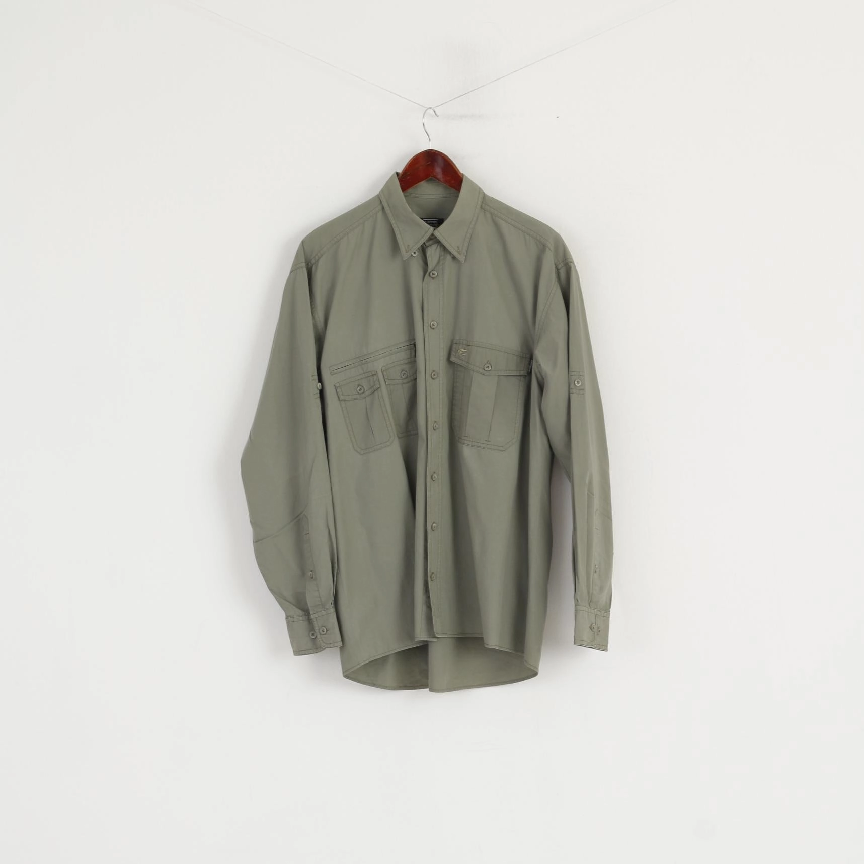 Stretchy Cloth Camel Acitve Men M Casual Shirt Cotton Green Army Pockets Outdoor Long Sleeve Top