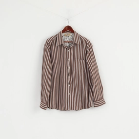 Joe Brown Men XL (XXL) Casual Shirt Brown White Striped Cotton Long Sleeve Top Micro Perforated Texture Non Chafe Seams
