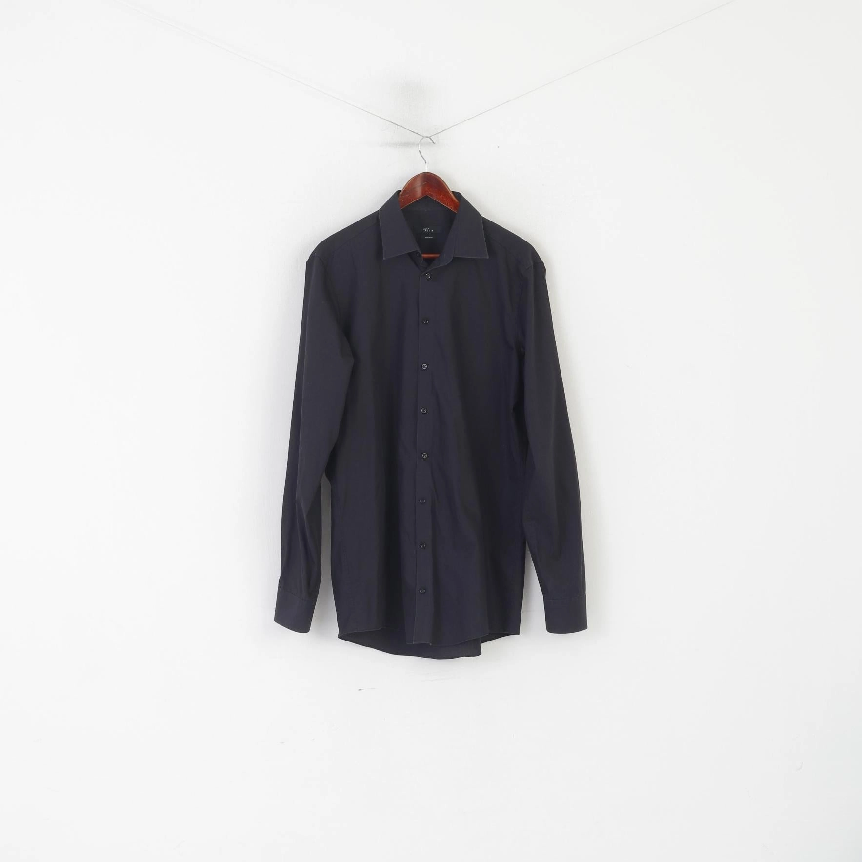 Venti Men 42 L Casual Shirt Black Cotton Plain Elegent Long Sleeve Non-Iron Top Seamless Shoulder Construction