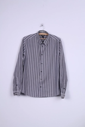 H&M Mens L (M) Casual Shirt Black White Striped Cotton Long Sleeve Trendy designs Anti Cling Fabric