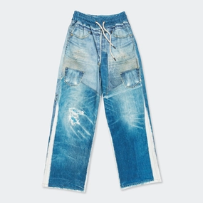 Layered Look Light and Cozy Denim Trompe L'oeil Mesh Pants - Blue
