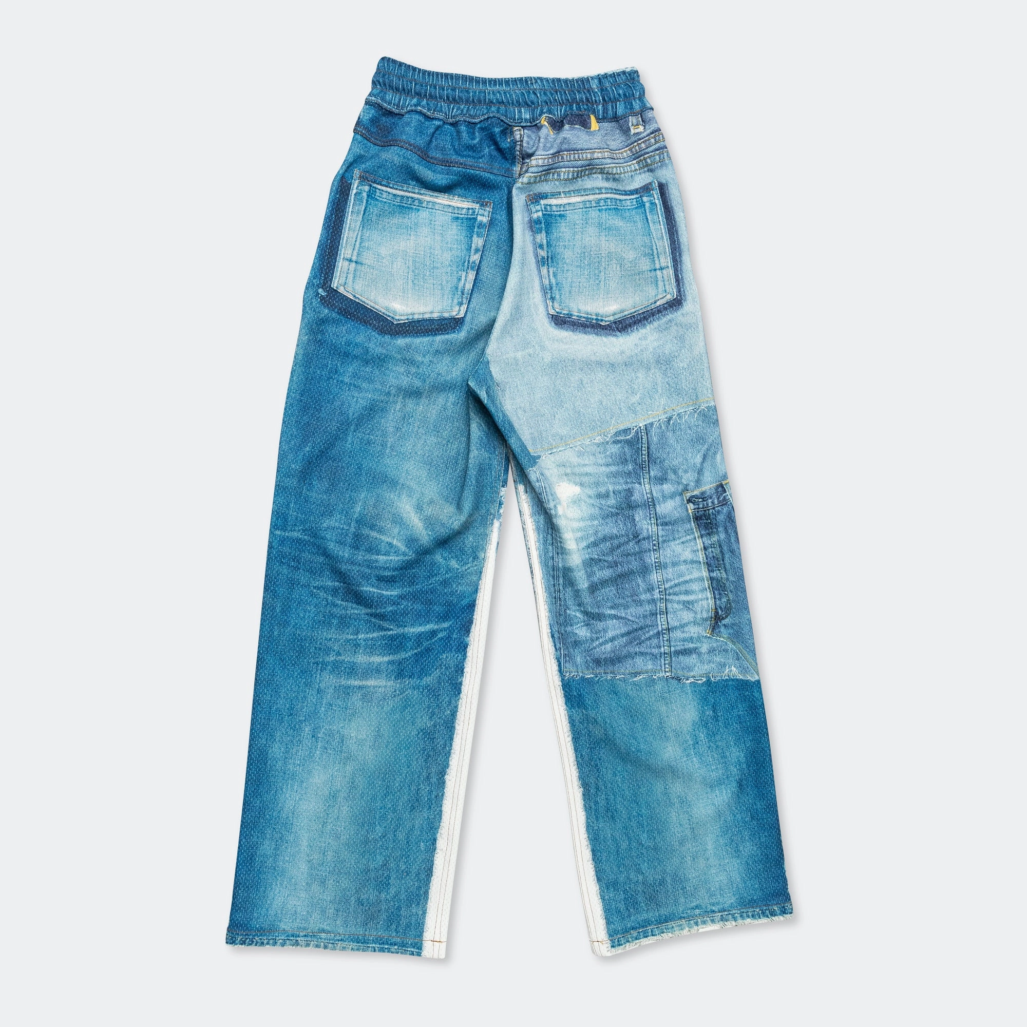 No Iron No Gap Waistband Denim Trompe L'oeil Mesh Pants - Blue