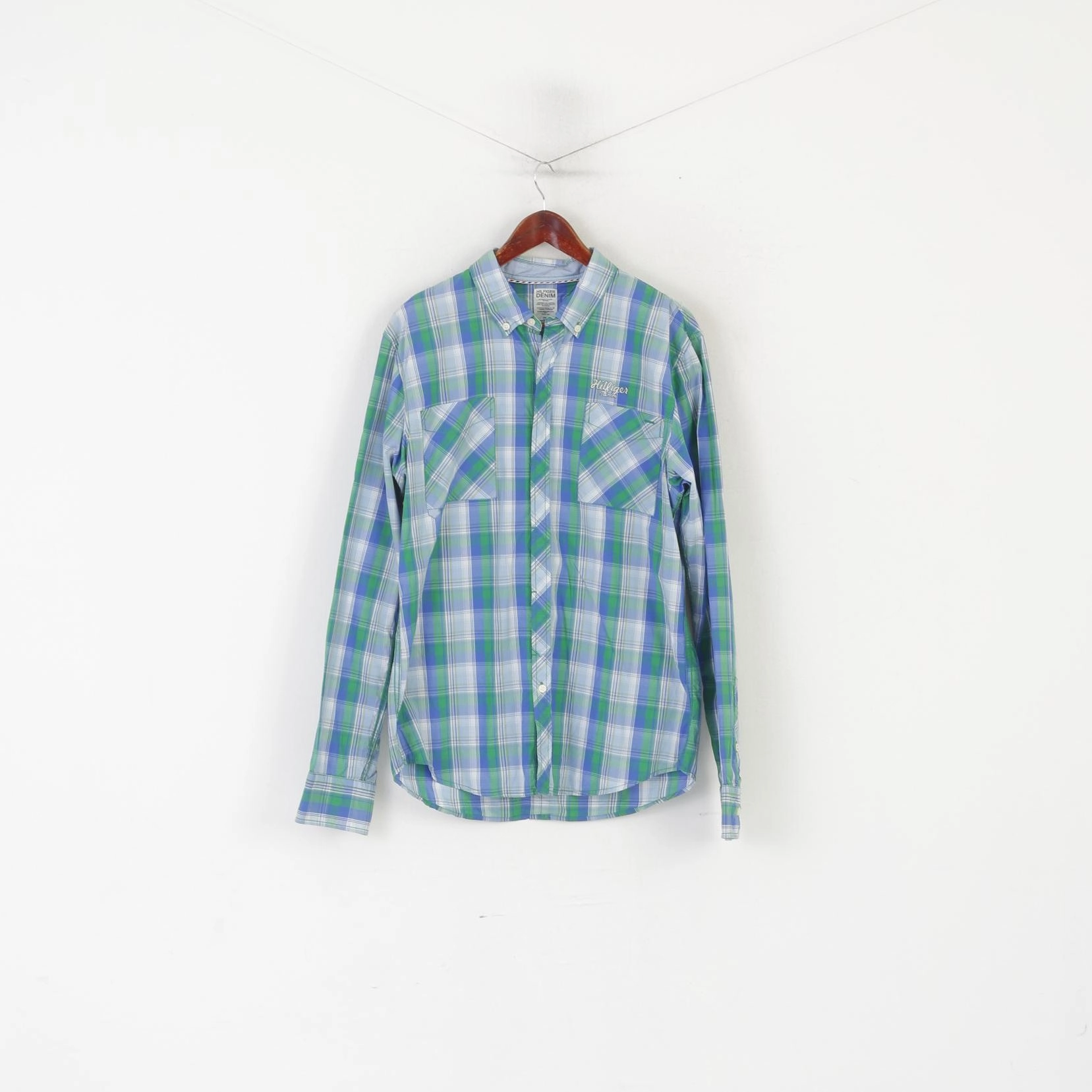 Coastal Vibes Hilfiger Denim Men XL (L) Casual Shirt Blue Cotton Checkered Button Down Collar Top