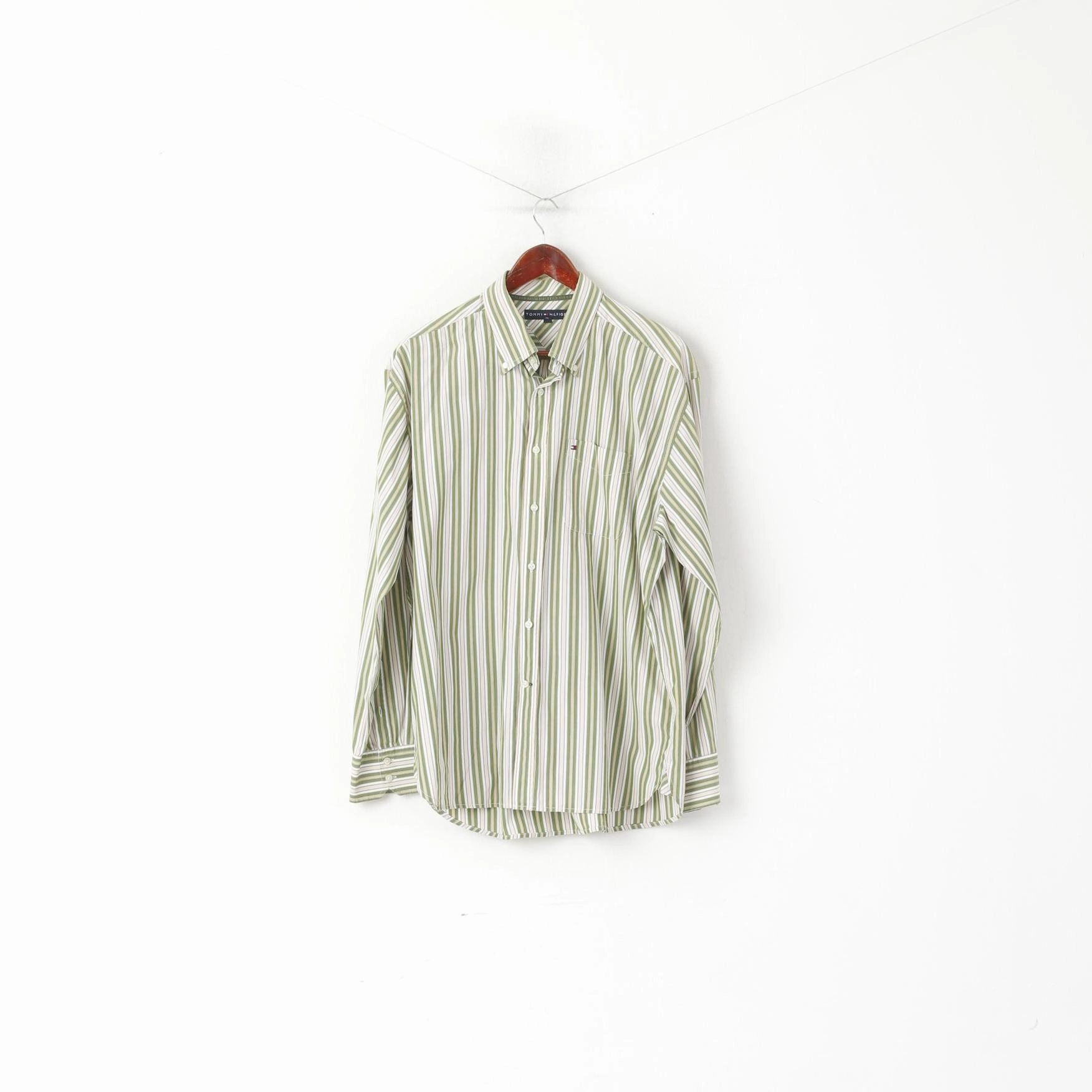 Polished Finish Chic Design Tommy Hilfiger Men XL Casual Shirt Green Striped Cotton Long Sleeve Pocket Top