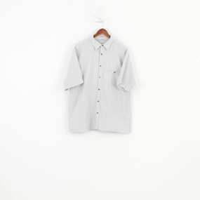 checkered pattern Two Tone Stitching Sprayway Men L Casual Shirt Striped Light Grey Cotton Short Sleeve Collar Hiking Top