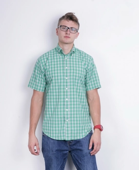 A.W. Dunmore Mens S Casual Shirt Green Check Cotton Short Sleeve Lounge Comfort