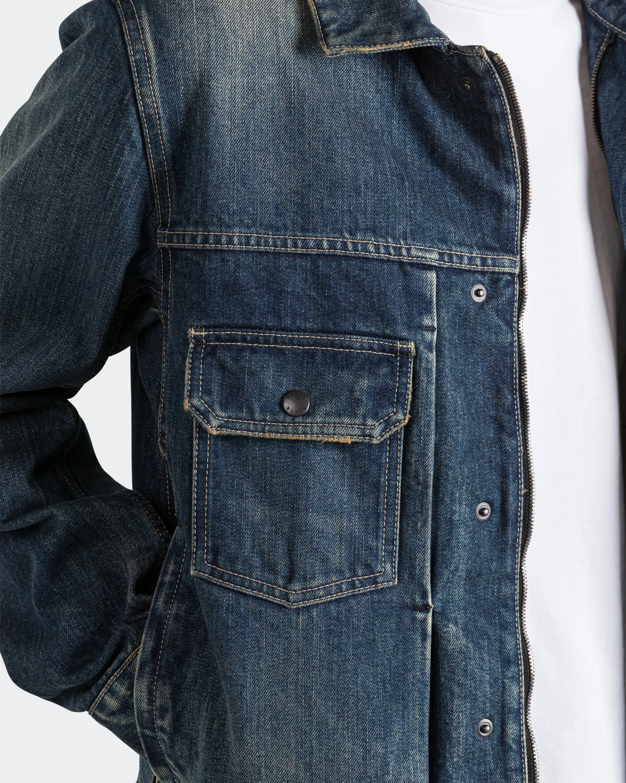 Flexible Fiber Fill Glossy Finish Station Jacket - Suvin Cotton Denim Washed Indigo