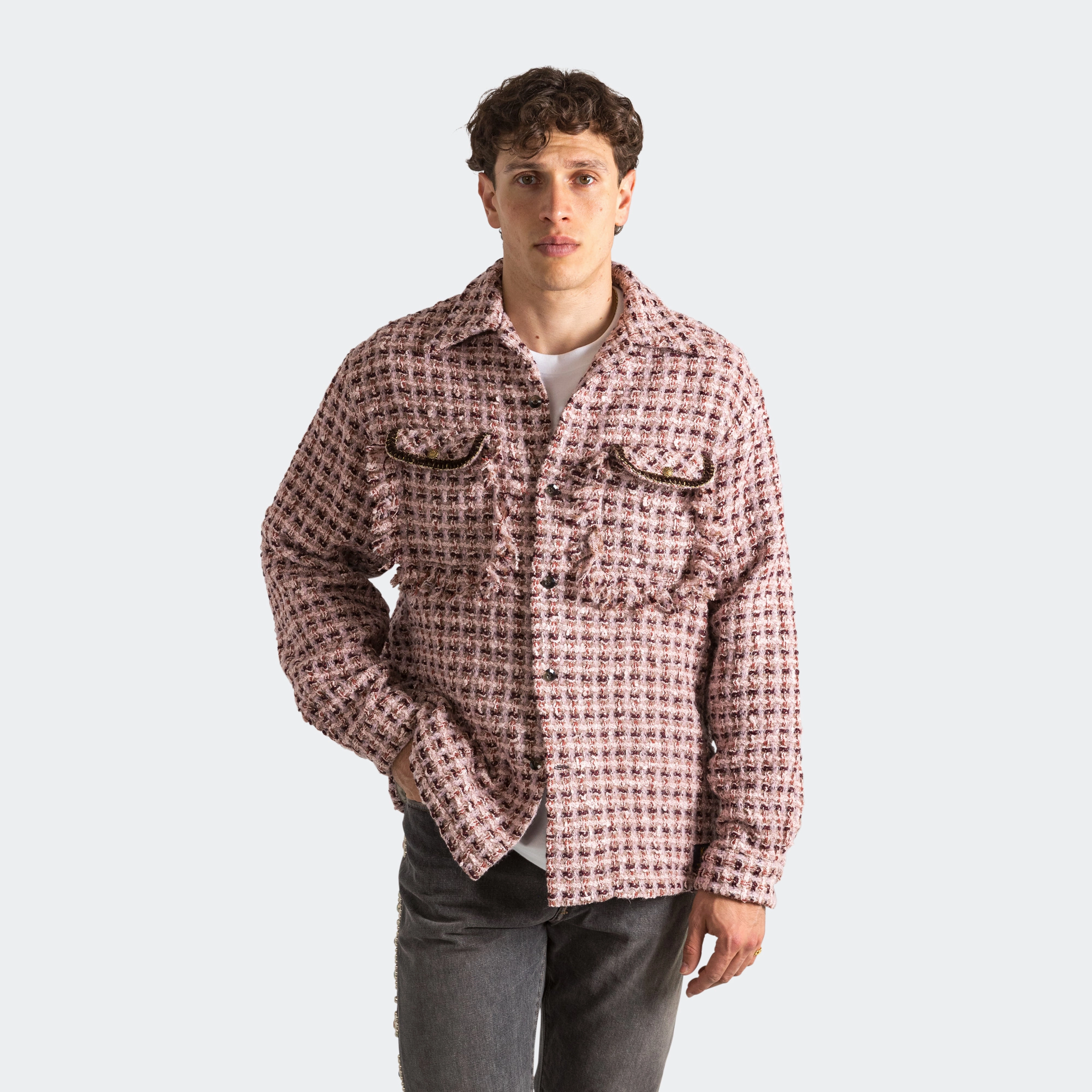 Relaxed Comfort Gender Neutral Fancy Tweed Board Shirt - Pink