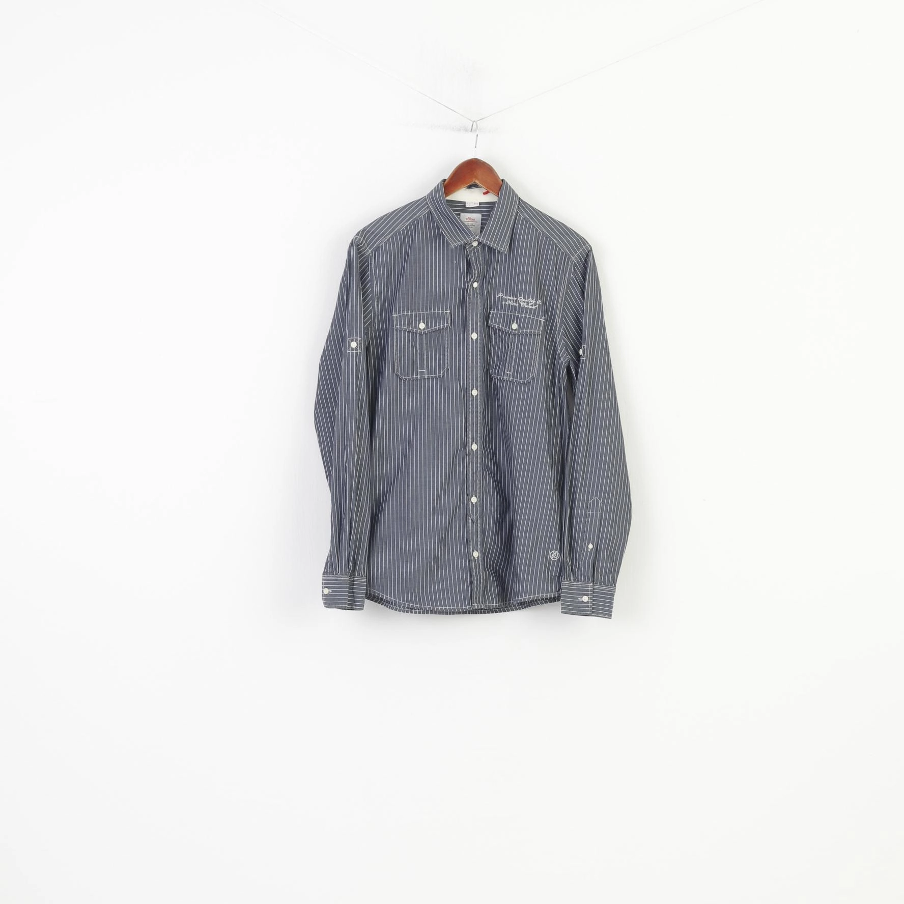 Youthful Vibe Fashion staples S.Oliver Men M Casual Shirt Striped Slim Fit Grey Cotton Long Sleeve Classic Top