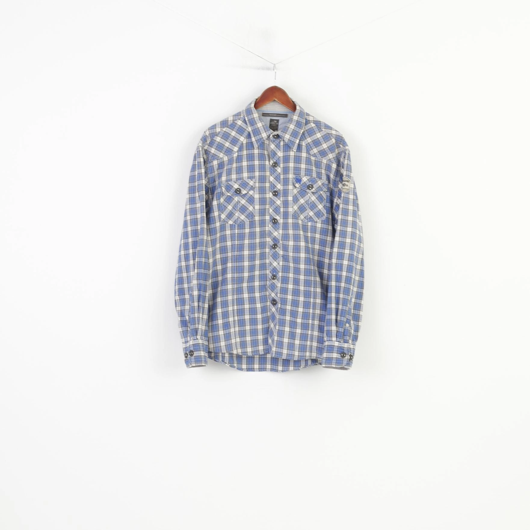 Lion Vanguard Men XXL Casual Shirt Checkered Blue Cotton  Genuine Quality Pockets Long Sleeve Top Graduation Ceremony