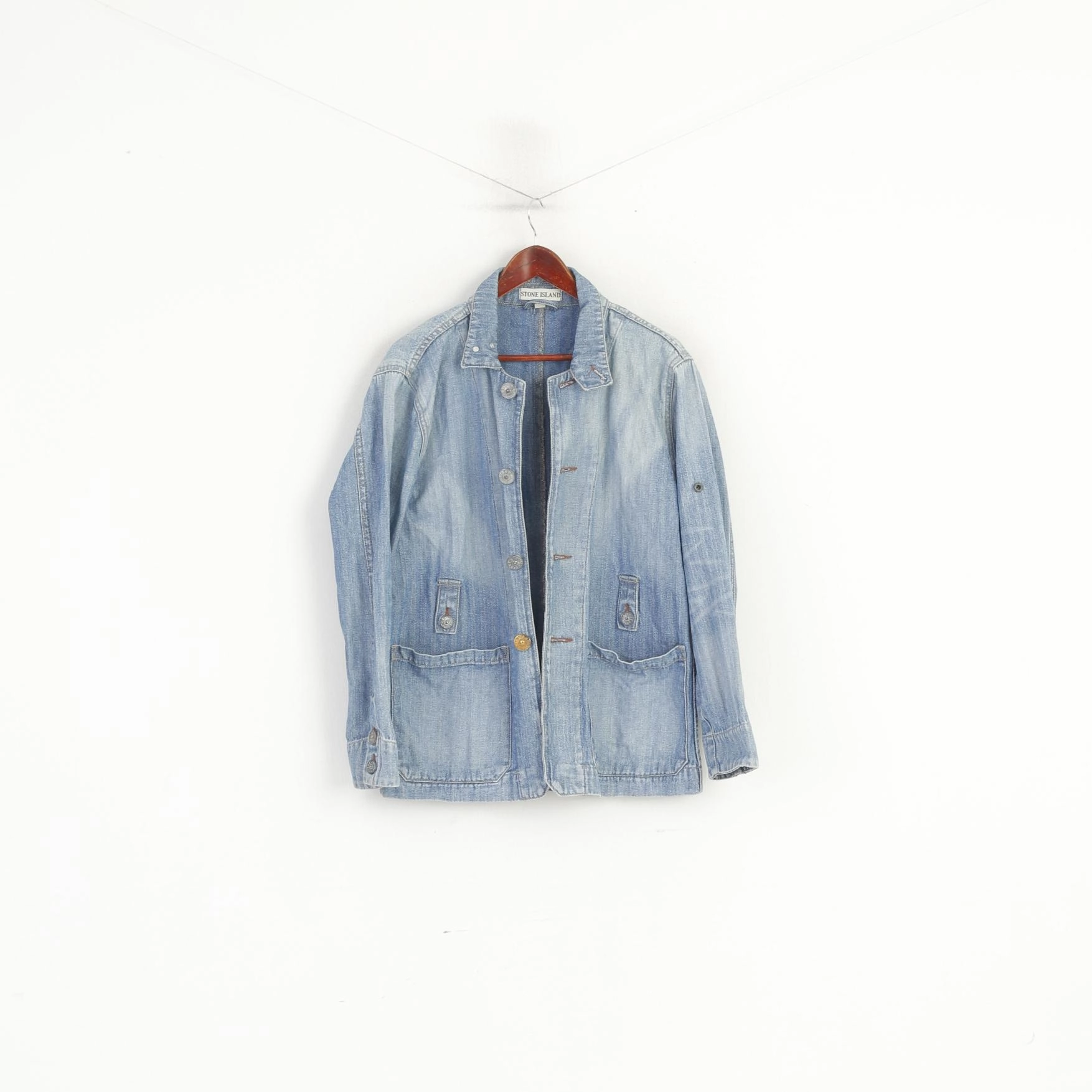Stone Island Men M Denim Jacket Blue Vintage Cotton Wash Jeans Top LowProfileLogo Silicone Grip Cuffs